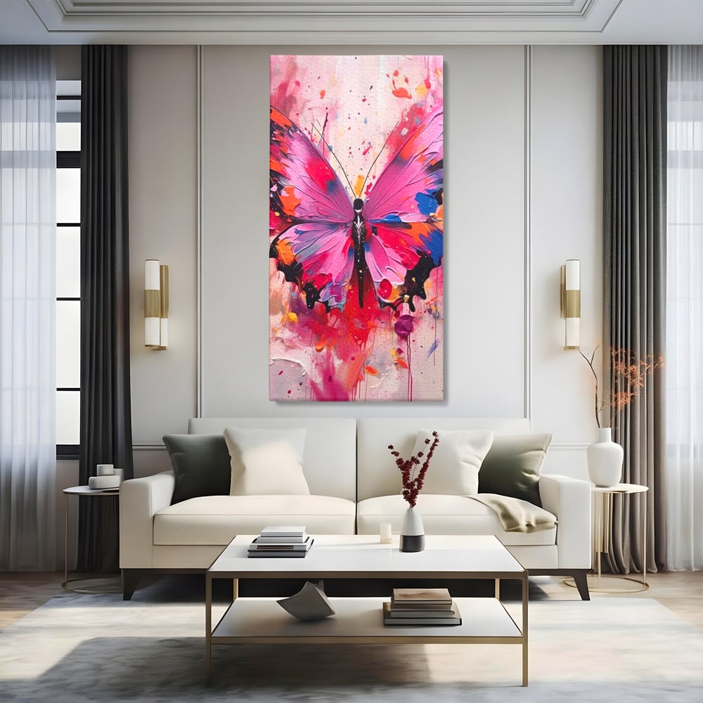 Tablou canvas cu pictura digitala cu fluture roz, fara rama, pe sasiu de lemn, pe perete intr-un living